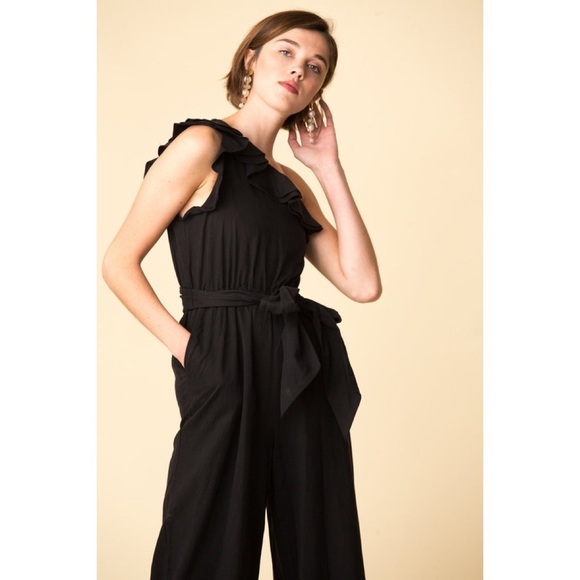Ulla Johnson Demi Black Ruffle Twill One Shoulder Jumpsuit Size 0 Missing Belt - Picture 2 of 11